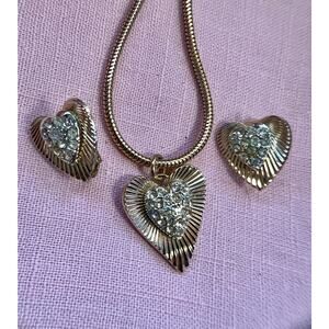 Vintage Coro necklace earring set gold tone heart shape rhinestone cluster